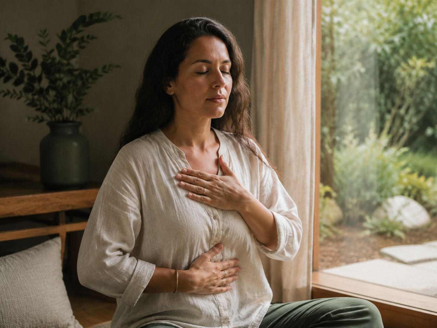 A person practicing a calm, intentional breath in a softly lit natural space