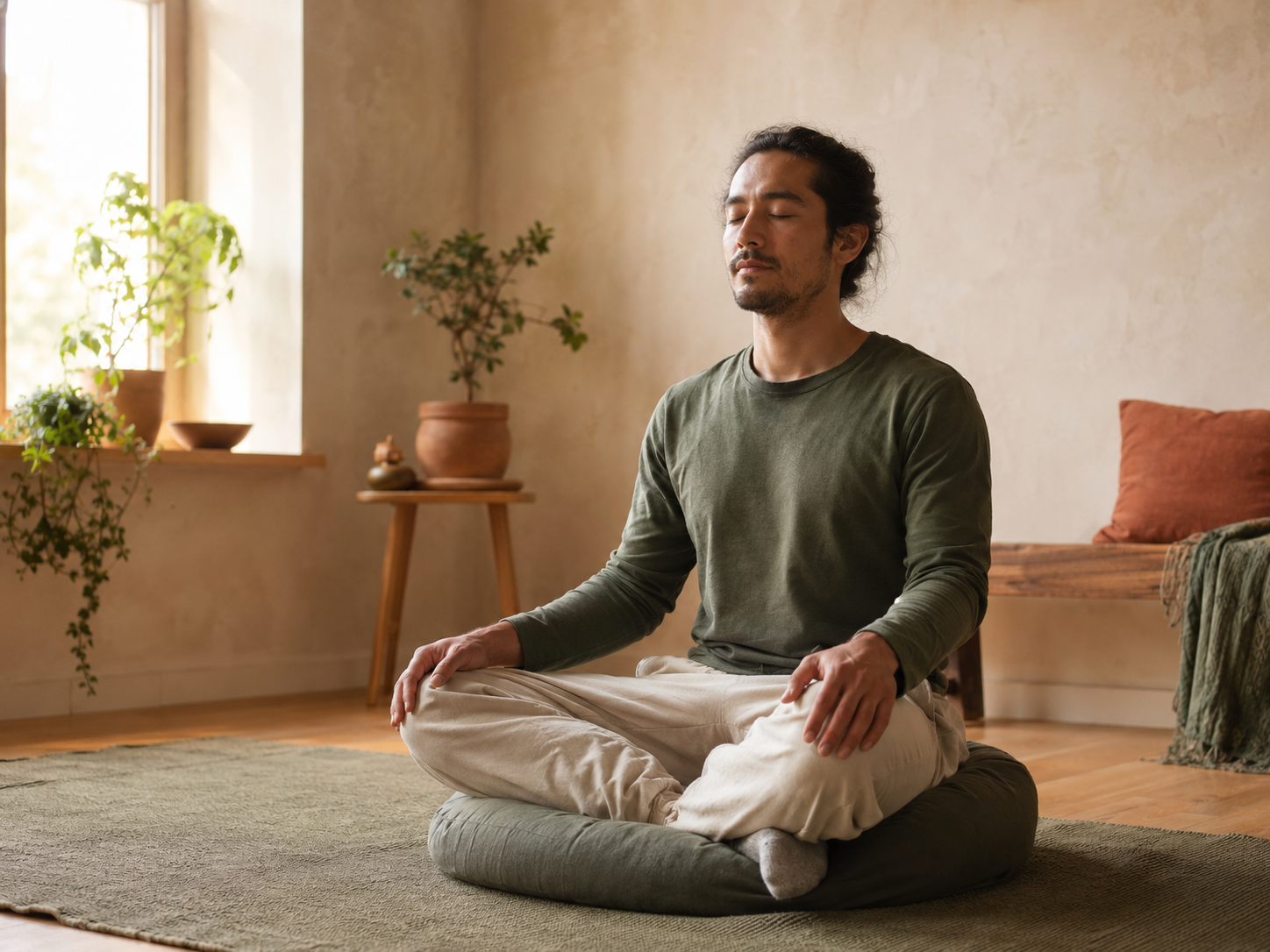 A person seated comfortably in meditation beside a softly lit window