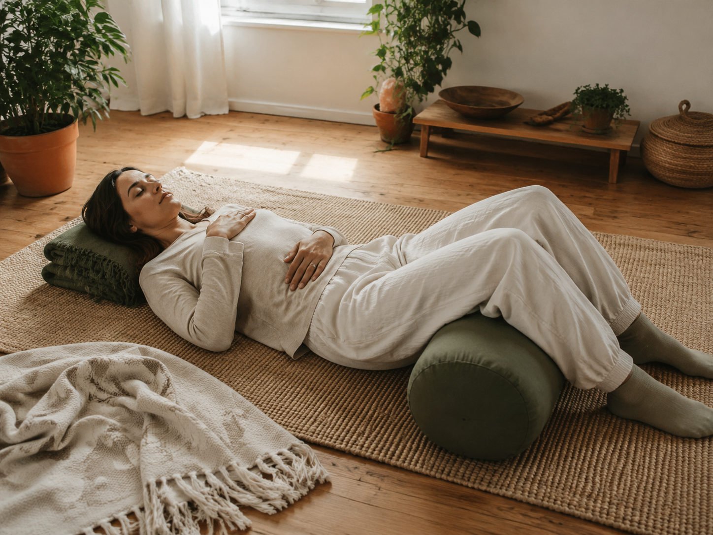 A person resting with supportive props during a calming nervous system practice
