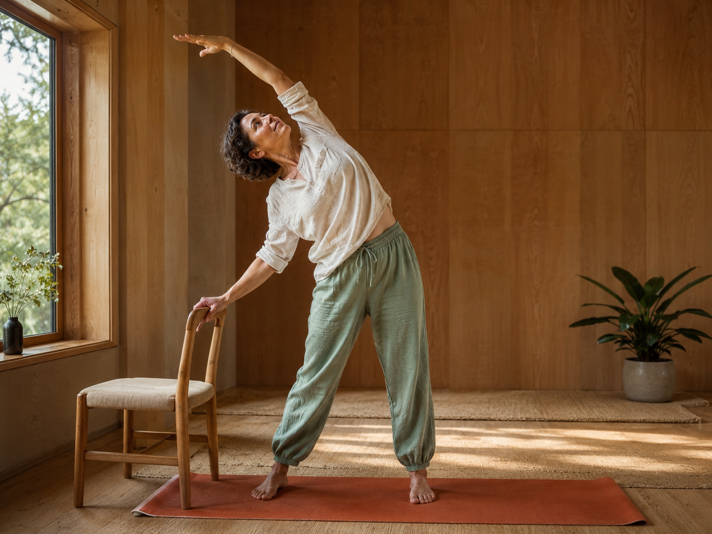 A person exploring a gentle supported movement practice in a natural studio